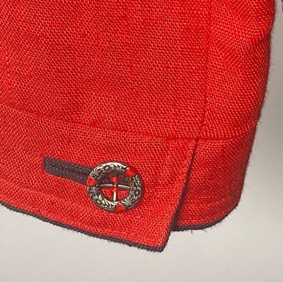VINTAGE Austrian TYROL Dirndl Red Linen JACKET DB Military Style Silver Btns M - Picture 8 of 13